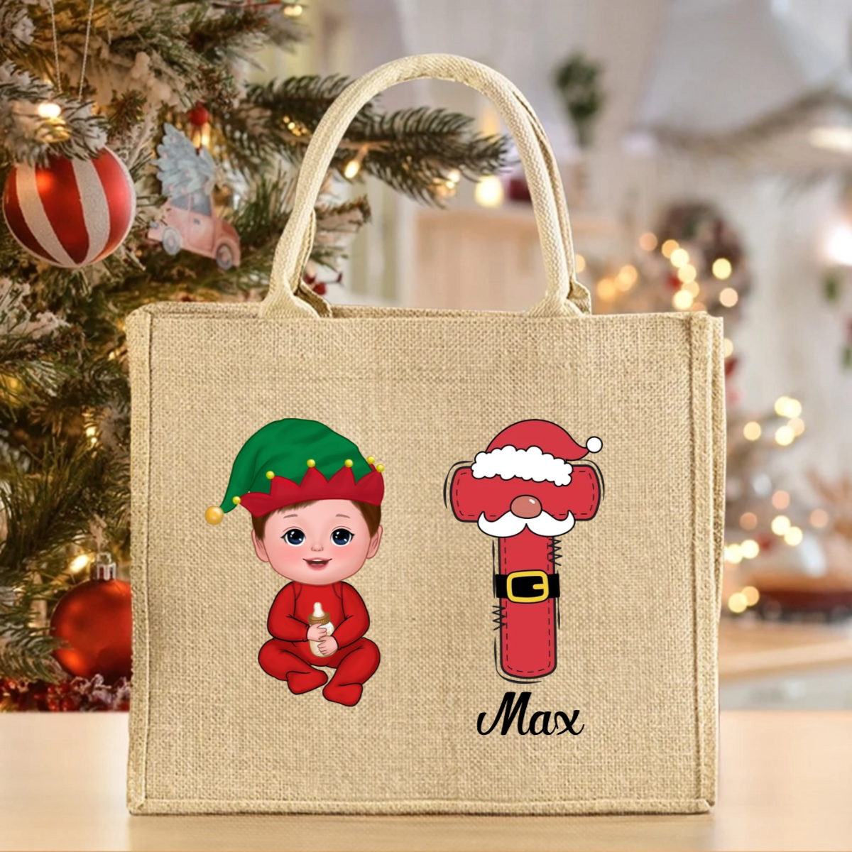 Personalised Christmas Cartoon Character Reusable Name Elk Snowman Jute Bag with Initial Christmas Birthday Gift for Family Friend