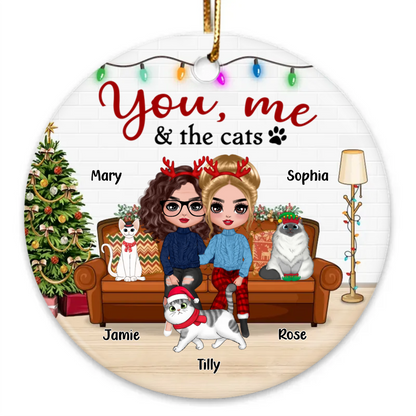 You Me & The Cats On Sofa Christmas Personalized Circle Ornament