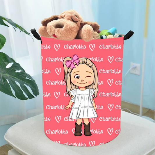 Personalised Cartoon Girl Boy Waterproof Laundry Storage Basket with Name and Handle Birthday Children's Day Gift for Kids