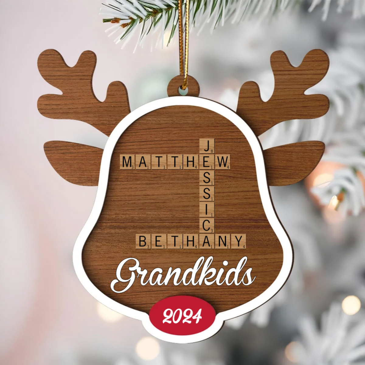 Grandkids Names Reindeer Crossword Puzzle Art Personalized Wooden Ornament, Christmas Gift For Grandma