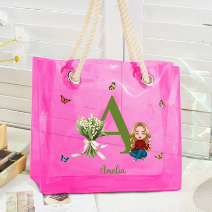 Personalised Neon Birth Flower Bouquet Cartoon Character Clear Tote Bag with Name Initial Birthday Anniversary Gift for Women Girl