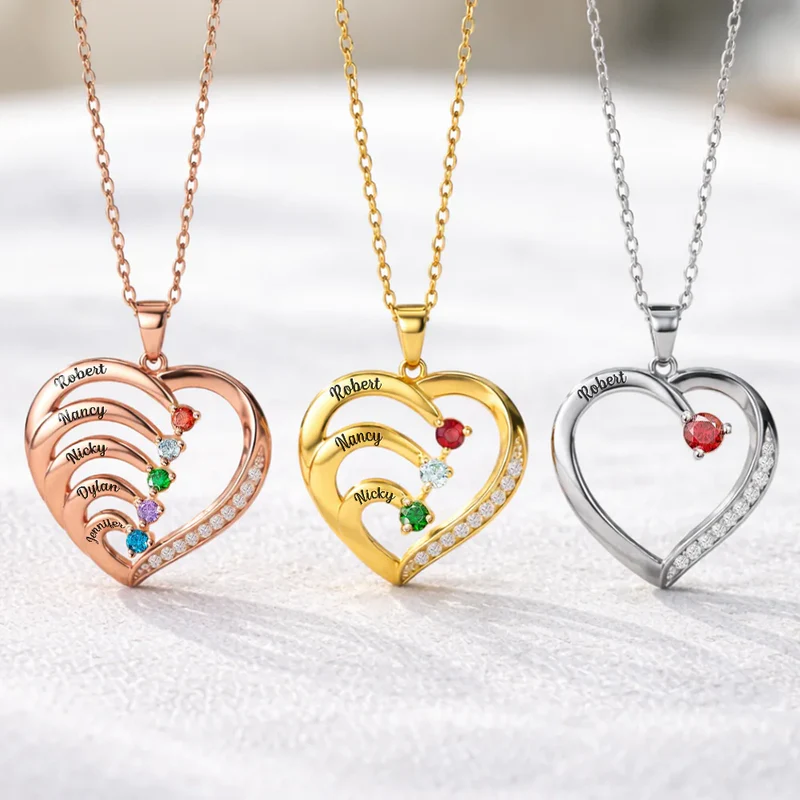 Custom Birth Month Anniversary Mom Wife - Personalized Birthstone Heart Necklace
