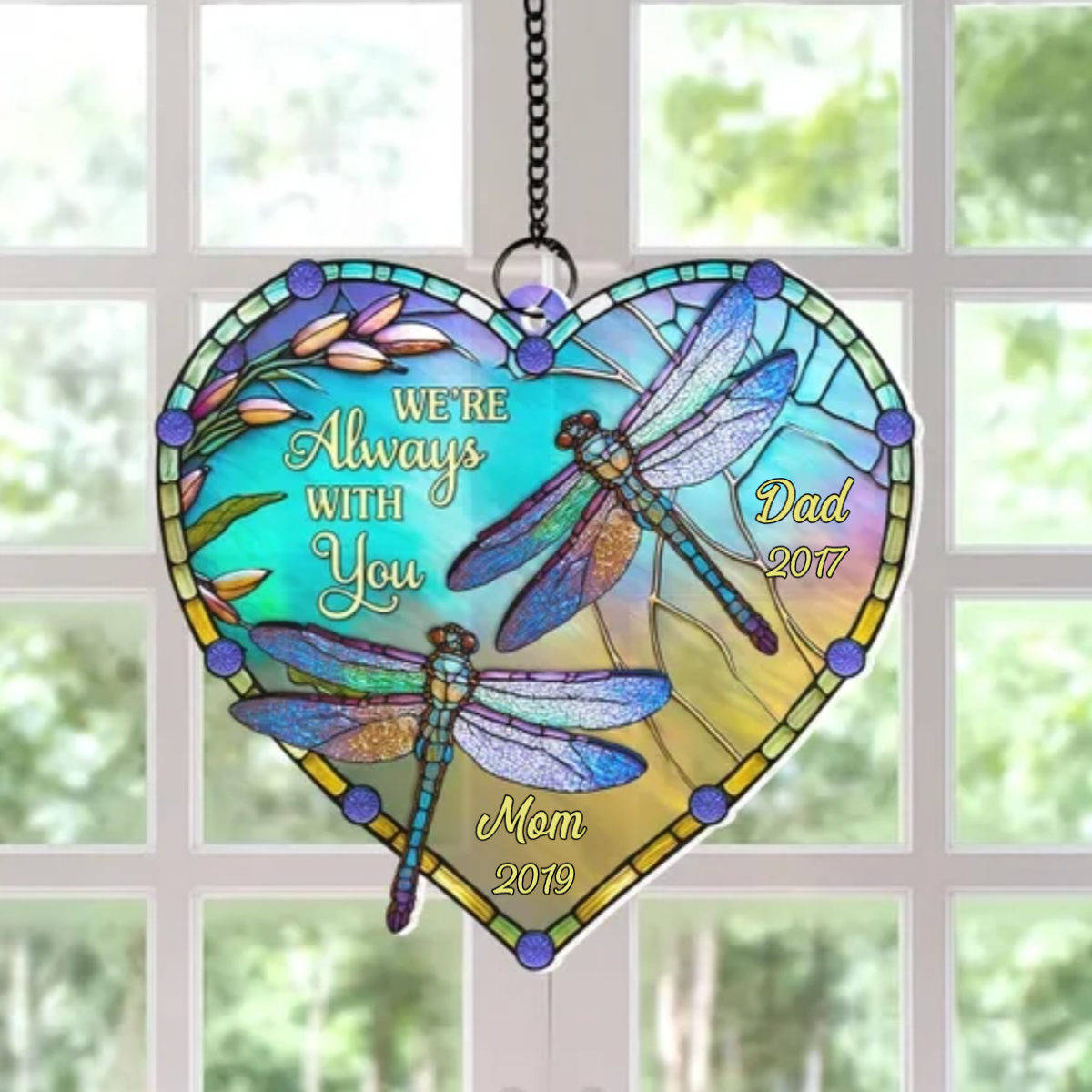 Heart Dragonfly Memorial Personalized Window Hanging Suncatcher Ornament, Sympathy Gift For Loved Ones