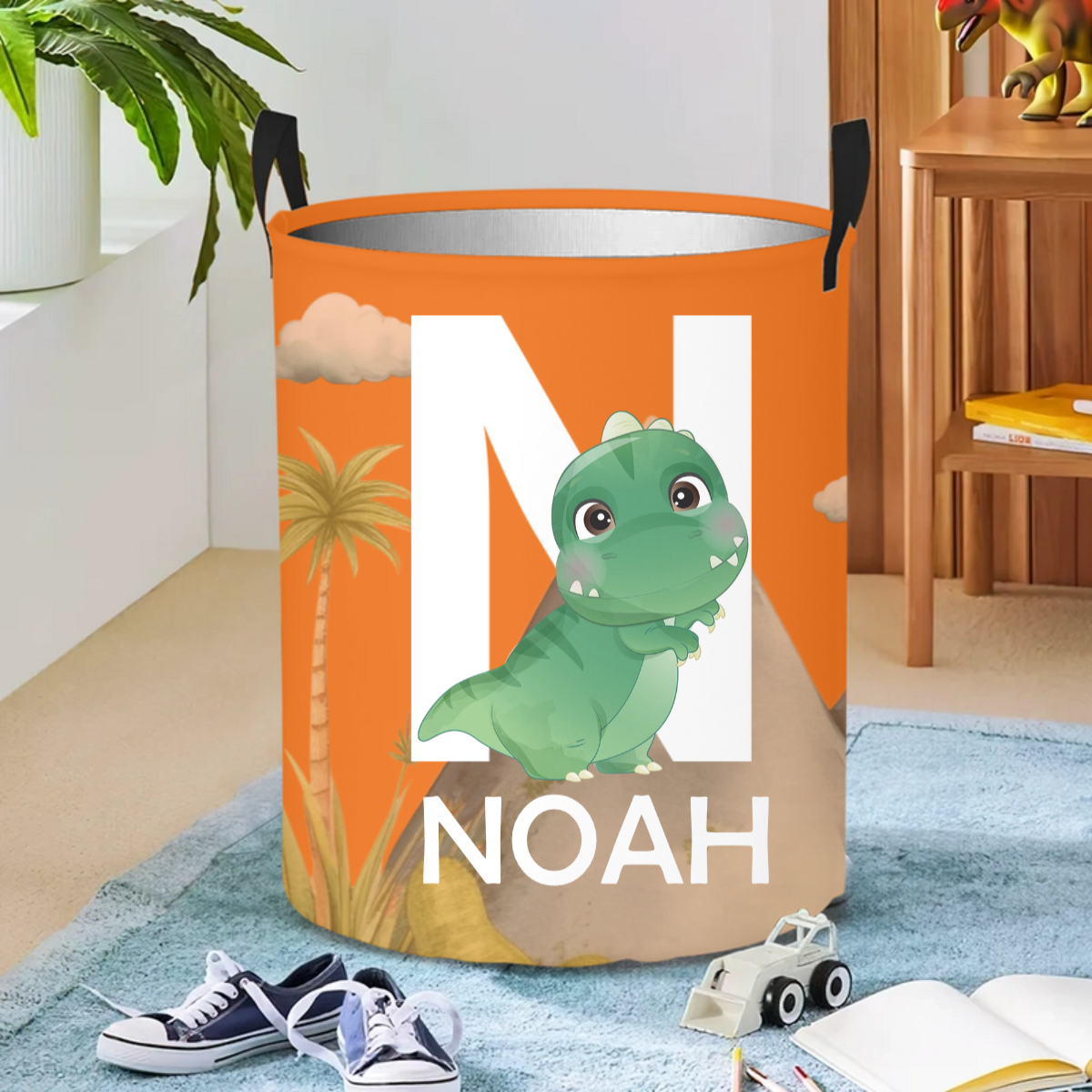 Personalised Cute Dinosaur Large Waterproof Name Initial Laundry Storage Basket with Handle Birthday Housewarming Gift for Boys Girls