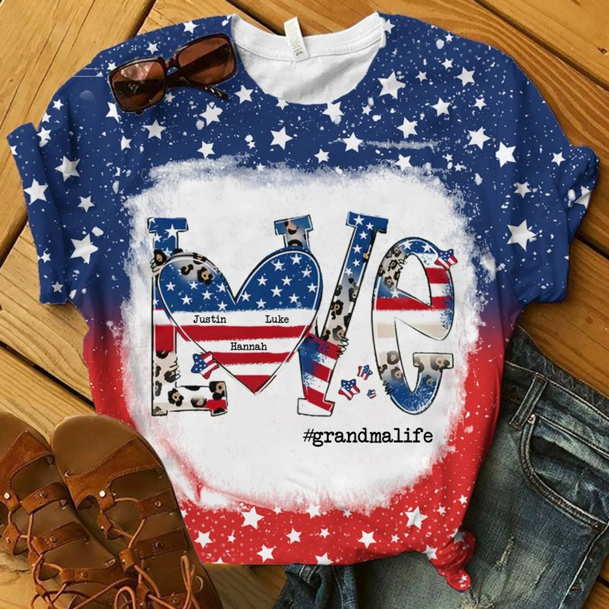 Love Grandmalife 4th July American Flag Leopard Personalized 3D T-shirt