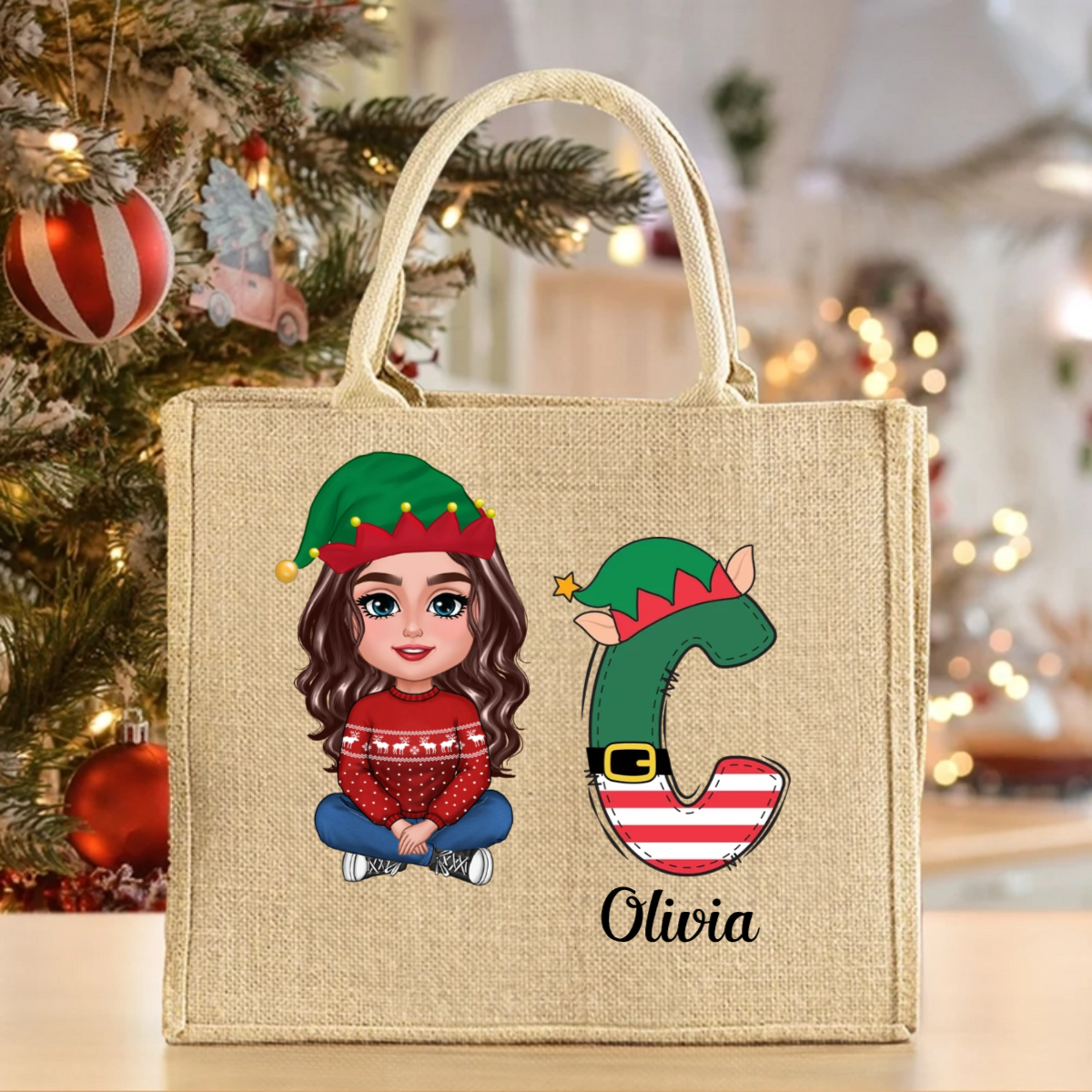 Personalised Christmas Cartoon Character Reusable Name Elk Snowman Jute Bag with Initial Christmas Birthday Gift for Family Friend