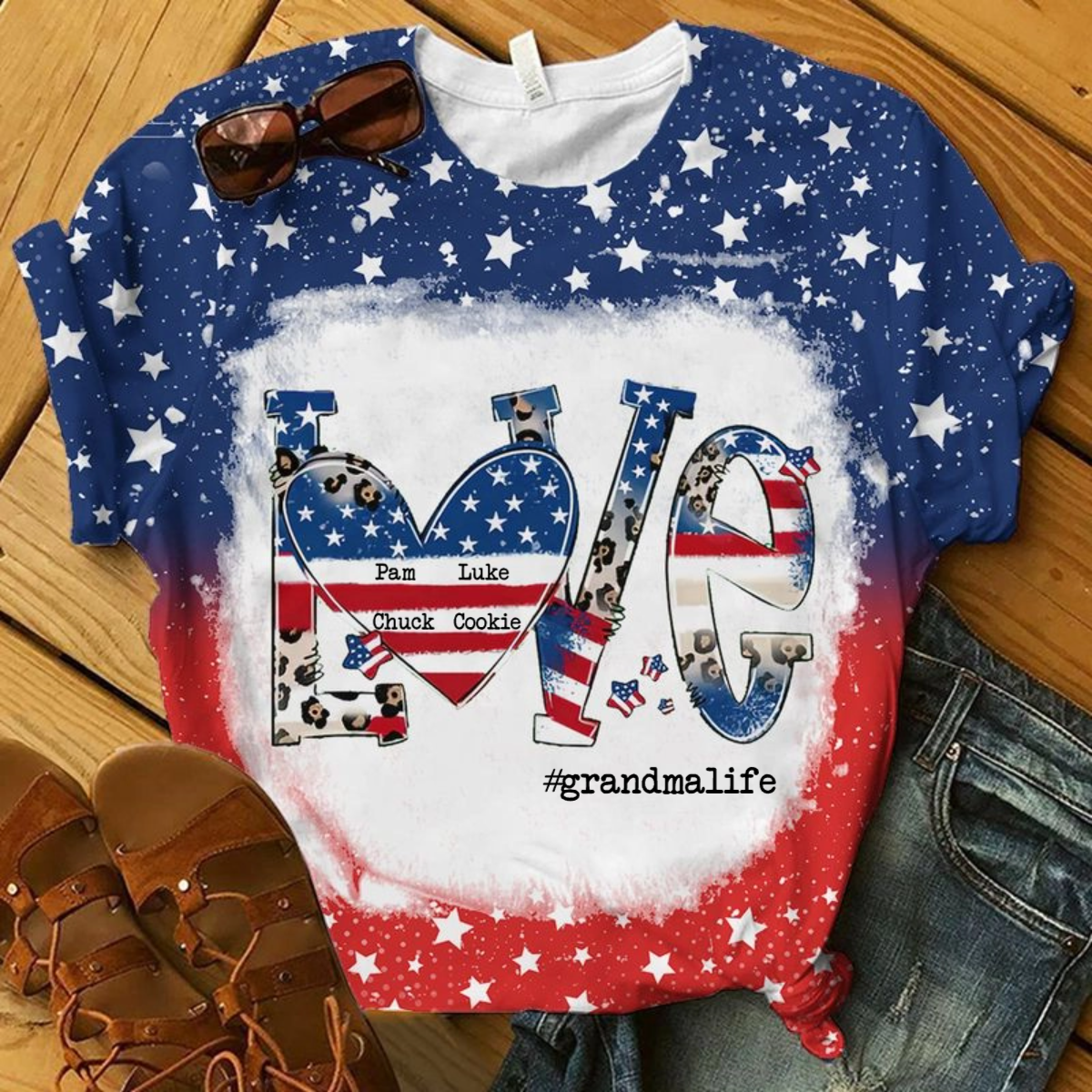 Love Grandmalife 4th July American Flag Leopard Personalized 3D T-shirt