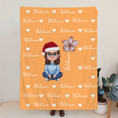 Personalised Cute Cartoon Character Heart Birth Flower Soft Throw Blanket with Name Birthday Christmas Gift