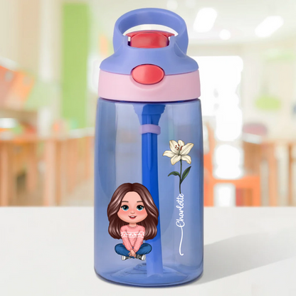 Personalised Cute Cartoon Birth Flower 16oz Water Bottle with Straw and Spill-Proof Lid Birthday Back to School Gift for Kids