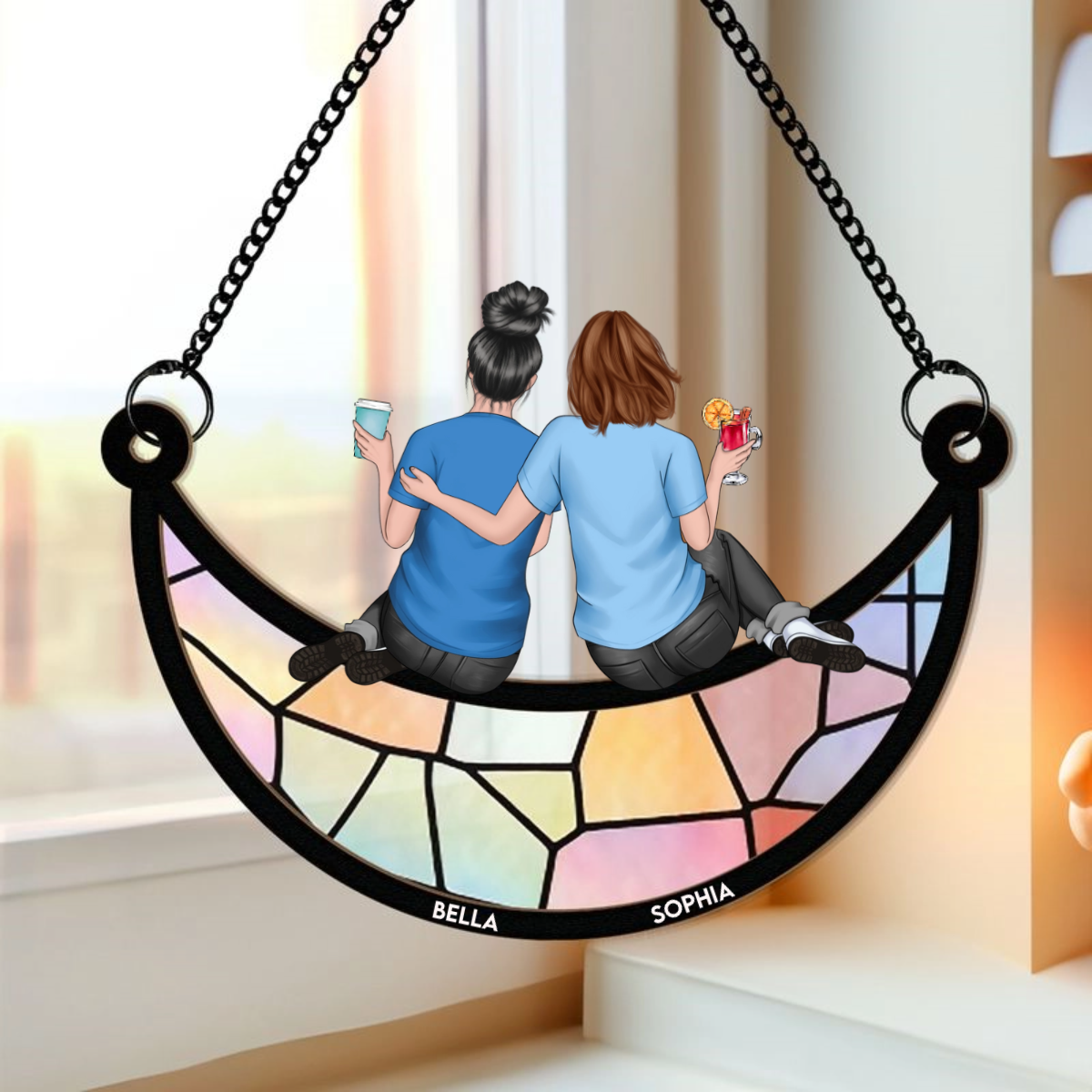 Friends, Sisters Sitting On The Moon - Personalized Window Hanging Suncatcher Ornament - Gifts For Women