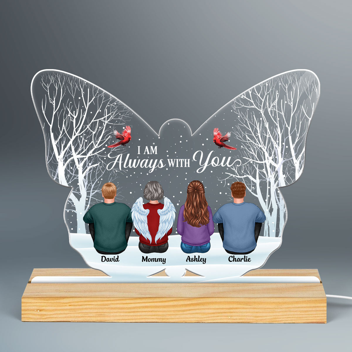 Always With You Family Sitting In Snow Memorial Remembrance Gift Personalized Custom Shape Acrylic Plaque LED Night Light