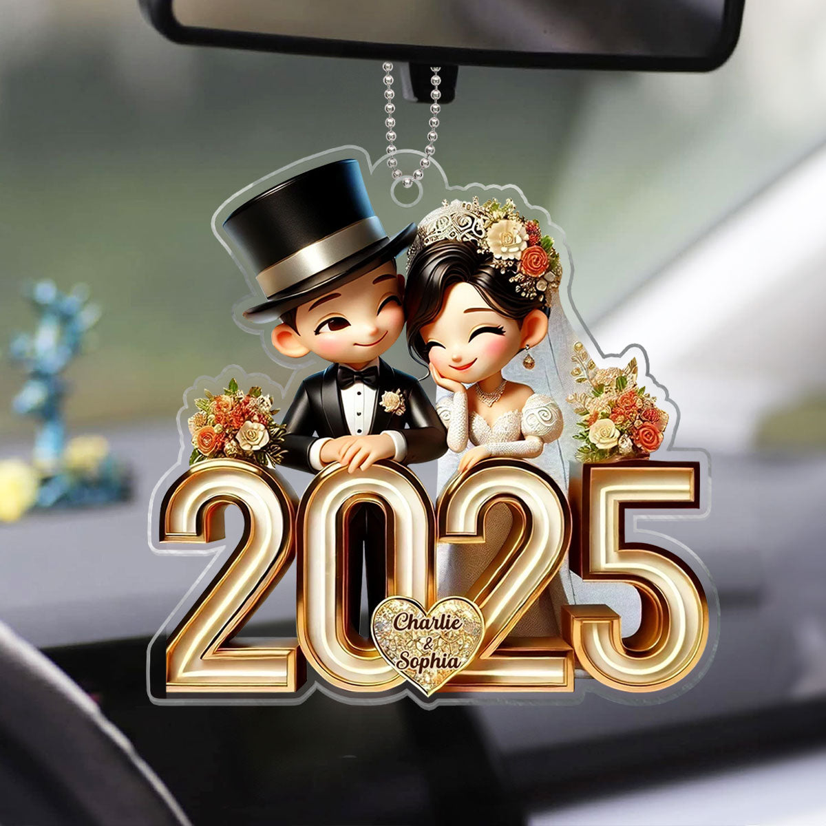 Happy Newlywed Cartoon Couple Personalized Car Hanger Ornament, Gift For Him, For Her, For Newlywed Couple