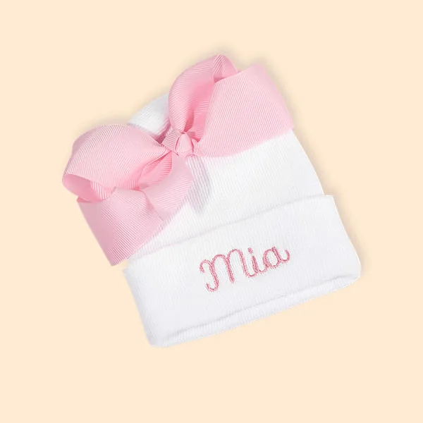 Personalised Pink Bow Girl Baby Hospital Knit Hat with Embroidered Name Soft Head Accessory Baby Shower Gift for Newborn