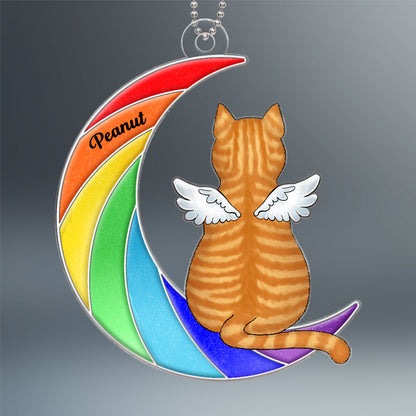 Pet Memorial Remembrance Keepsake Dog Cat Sitting On Rainbow Moon Personalized Acrylic Ornament