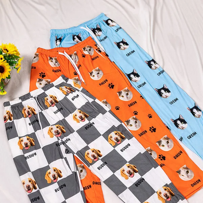 Personalised Dog Cat Face Photo Multicolor Plaid Name Pajama Pants with Drawstring Waist Birthday Christmas Gift for Women Men Pet Lovers