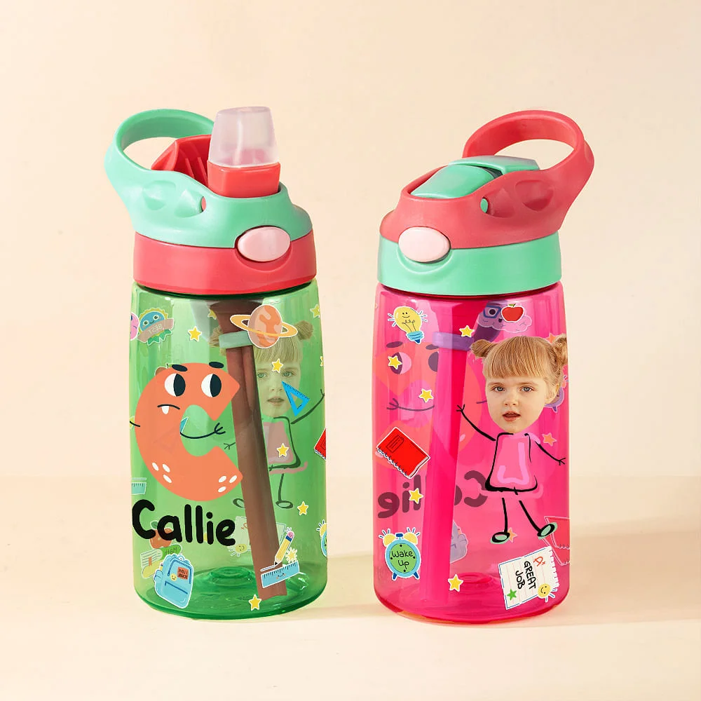 Personalised Colorful Cartoon Photo Name 16oz Kid's Water Bottle with Silicone Straw and Handle Birthday Back to School Gift for Boys Girls