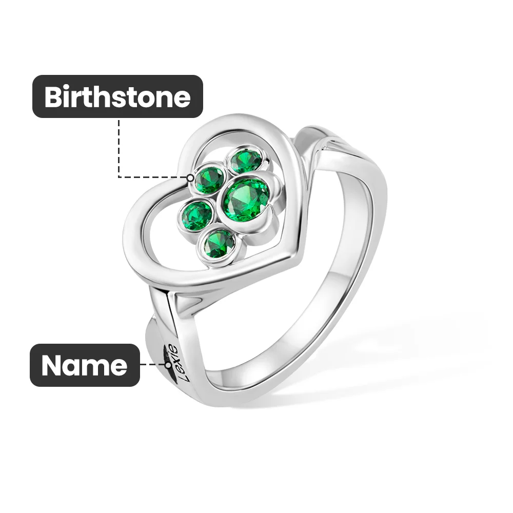 Personalized 1-4 Paw Heart Ring with Engraved Name and Birthstone Gift Birthday for Pet Lover