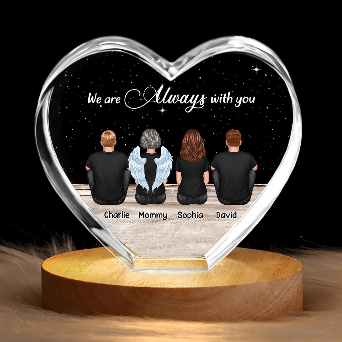 Always With You Sky Family Members, Memorial Personalized Premium Crystal Heart LED, Sympathy Gift