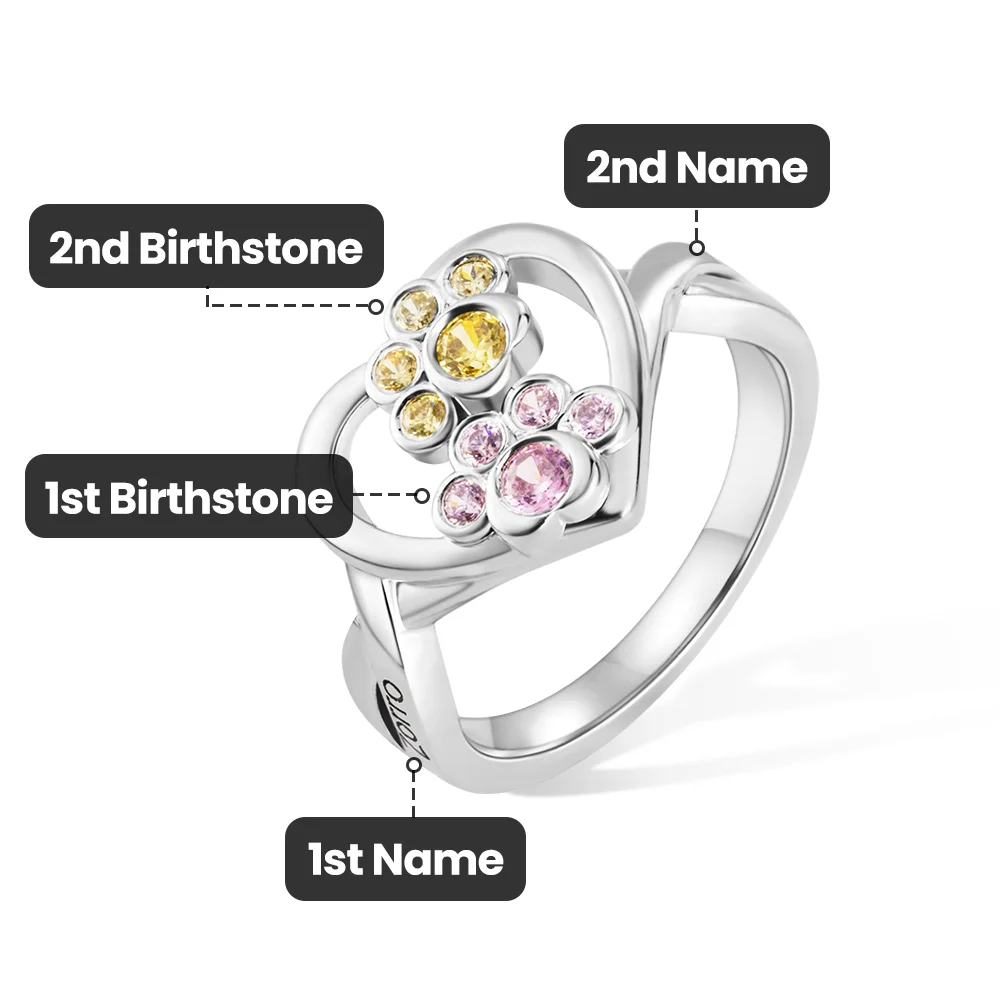 Personalized 1-4 Paw Heart Ring with Engraved Name and Birthstone Gift Birthday for Pet Lover