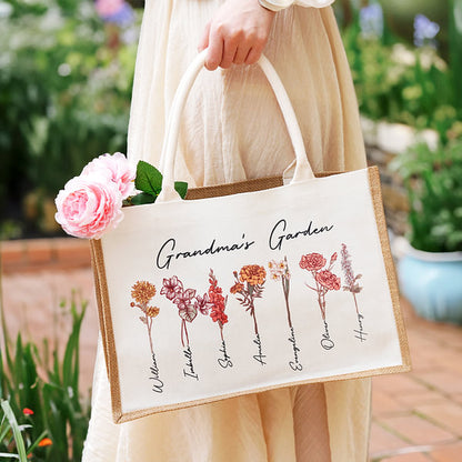 Personalised Large Capacity 1-20 Birth Flowers Garden Jute Tote Bag with Names Birthday Mother's Day Gift for Woman