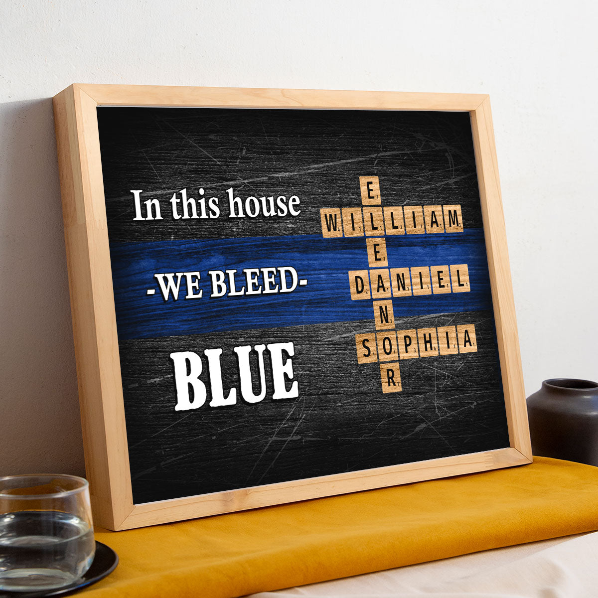 In This House We Bleed Blue Family Crossword Art Puzzle, Personalized Thin Blue Line Poster Office Decor, Appreciation Gift For Police Officers, Sheriff, Deputy Sheriff