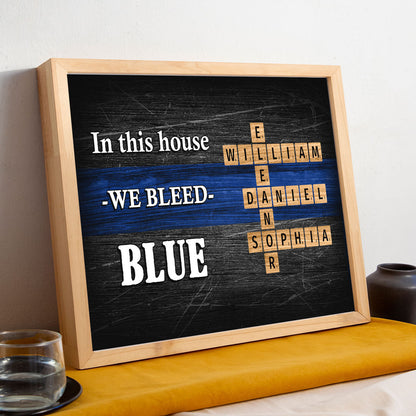 In This House We Bleed Blue Family Crossword Art Puzzle, Personalized Thin Blue Line Poster Office Decor, Appreciation Gift For Police Officers, Sheriff, Deputy Sheriff