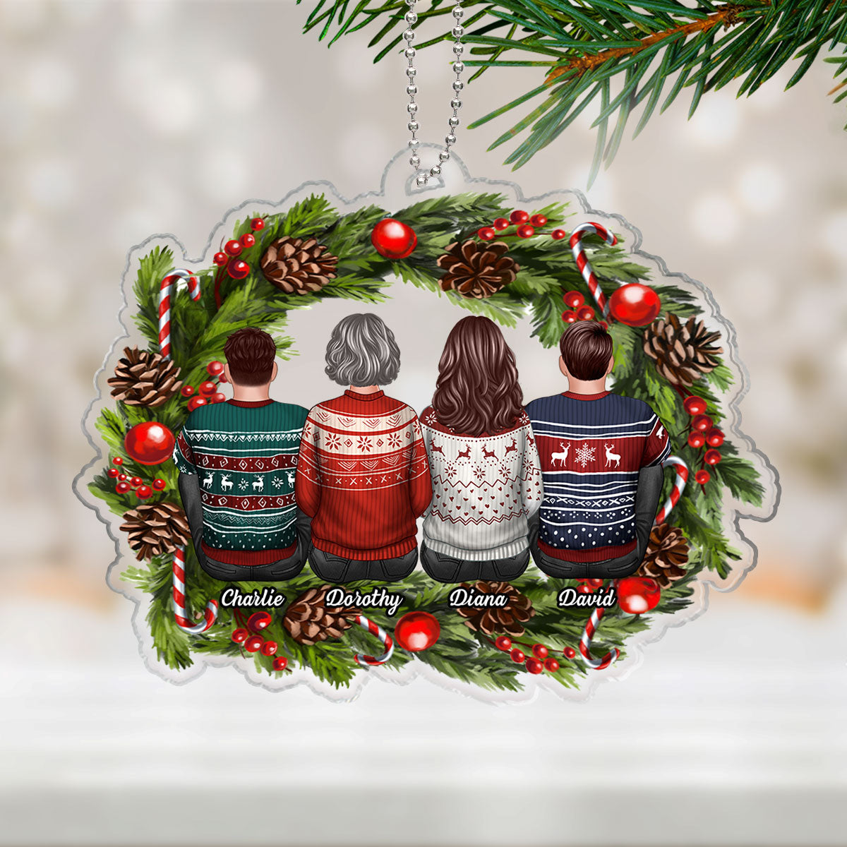 Family Sitting Back View Holly Branch Memorial Personalized Acrylic Ornament, Sympathy Gifts