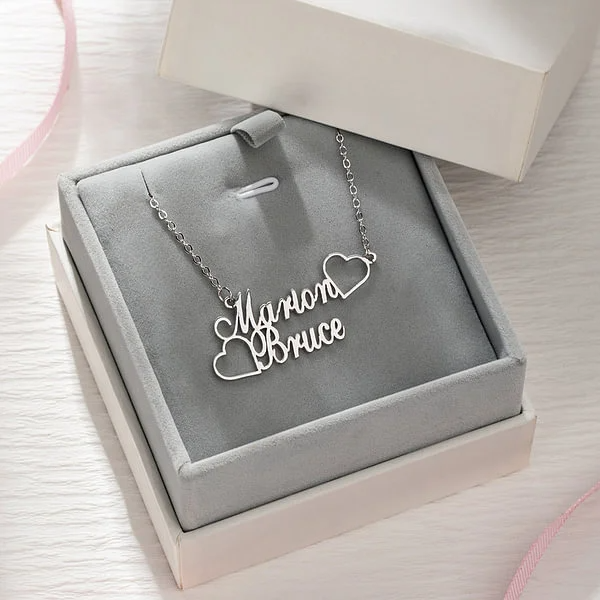 Personalized Two Name Necklace with Two Love Hearts Mother's Day Birthday Valentine's Day Gift for Women Girls