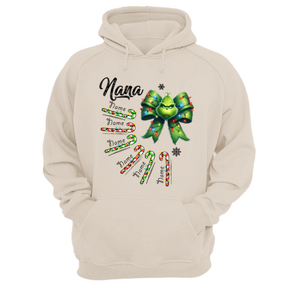 Personalized Grandma Christmas Candy Cane Coquette Bow Shirt, Custom Nana Mimi Funny Christmas Shirt