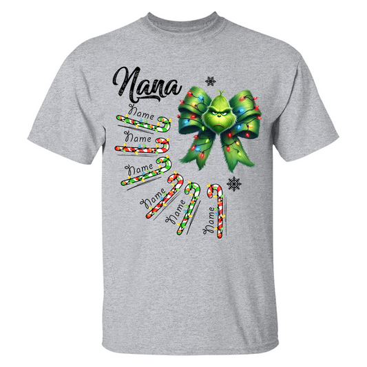 Personalized Grandma Christmas Candy Cane Coquette Bow Shirt, Custom Nana Mimi Funny Christmas Shirt