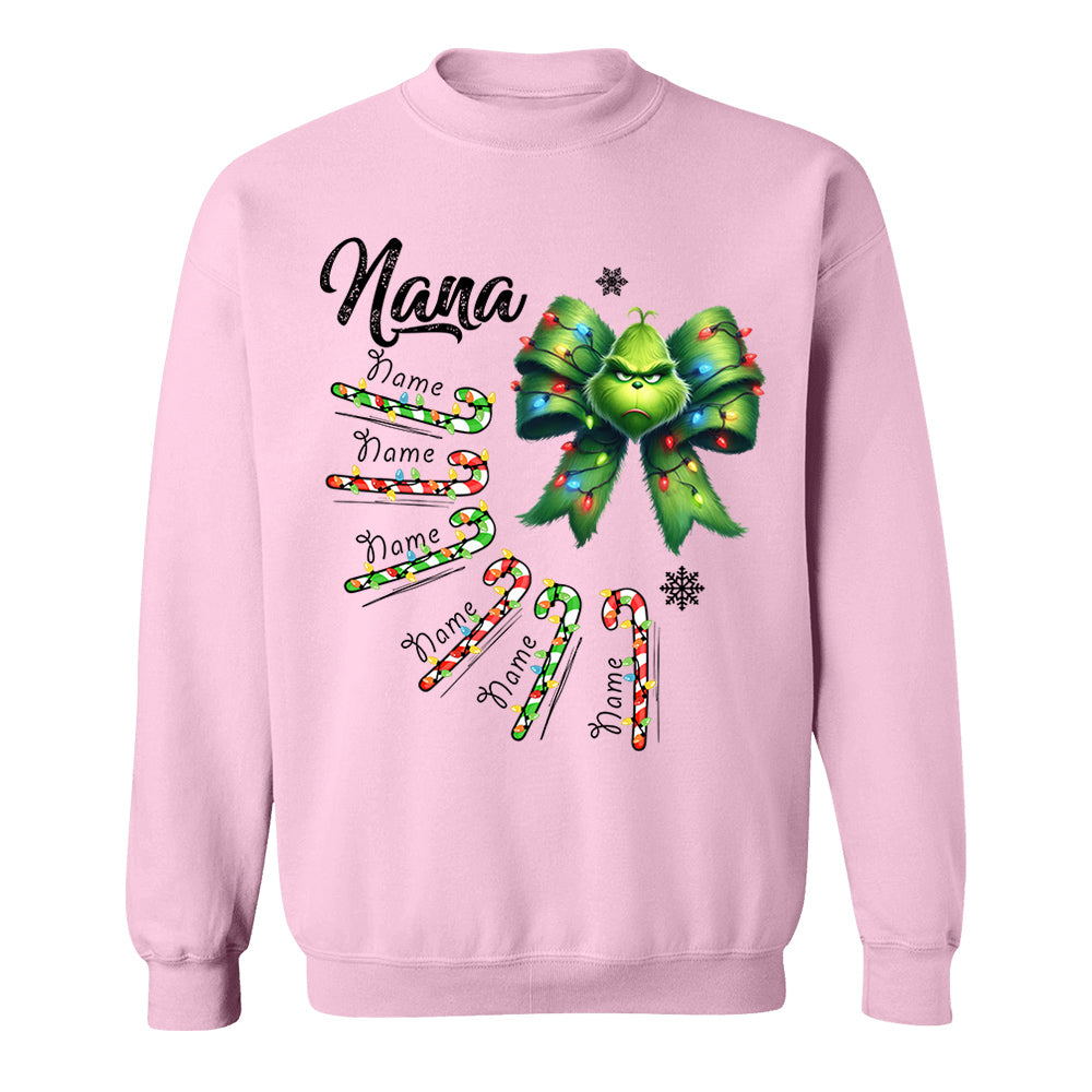 Personalized Grandma Christmas Candy Cane Coquette Bow Shirt, Custom Nana Mimi Funny Christmas Shirt