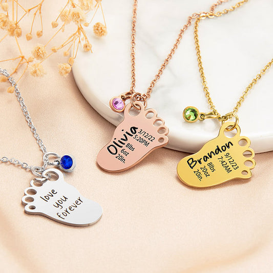 Personalised Engraved Baby Foot Pendant Necklace with Birth Announcement and Birthstone Birthday Baby Shower Gift for Kid New Mom