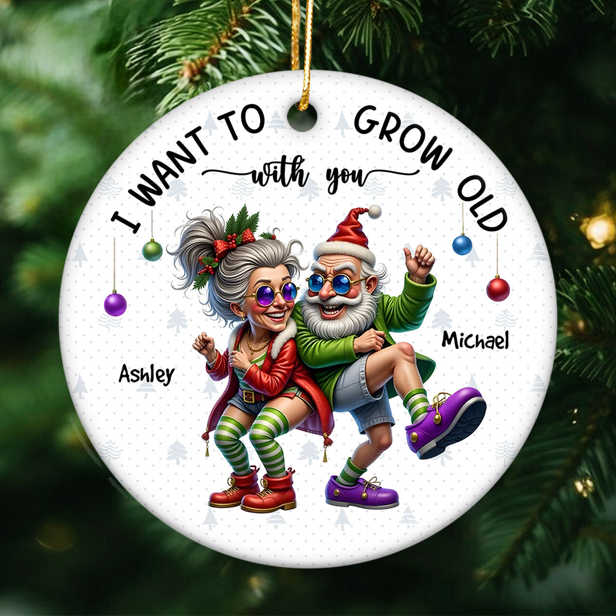 Funny Elderly Couple Christmas Party Whimsical Holiday Personalized Ceramic Ornament