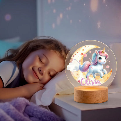 Personalised Fantasy Unicorn Dreamy Moon LED Night Light with Wooden Base and Name Nursery Decor Birthday Baby Shower Gift for Girls