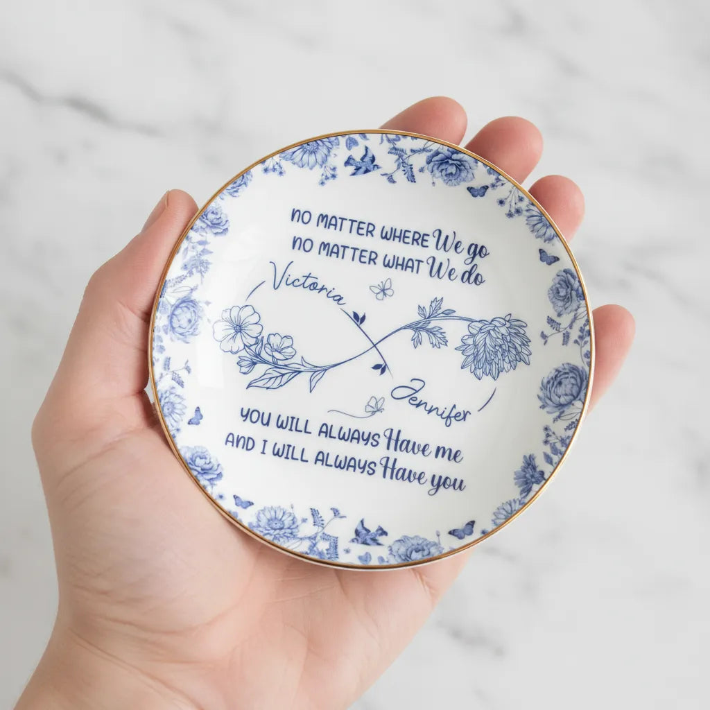 Custom Full-Print Round Jewelry Dish - Personalized Best Friend Birthday Gifts For Women, Besties, Sisters, BFF - Blooming Together Like Wildflowers