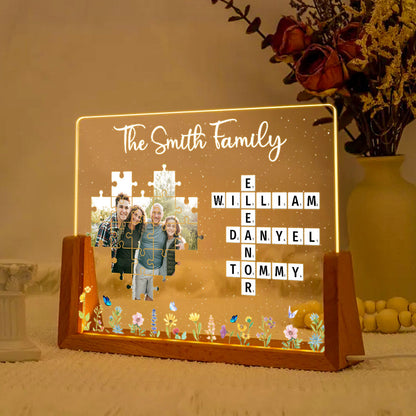 Family Crossword Puzzle Photo Uploaded Personalized U-Base Acrylic LED Night Light, Gift for Mom, Dad, Grandma