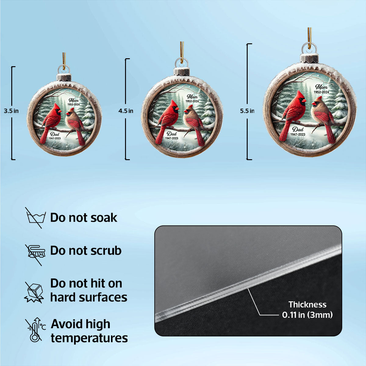 Winter Scene Memorial Cardinal Sympathy Gift Remembrance Keepsake 3D Effect Personalized Acrylic Ornament