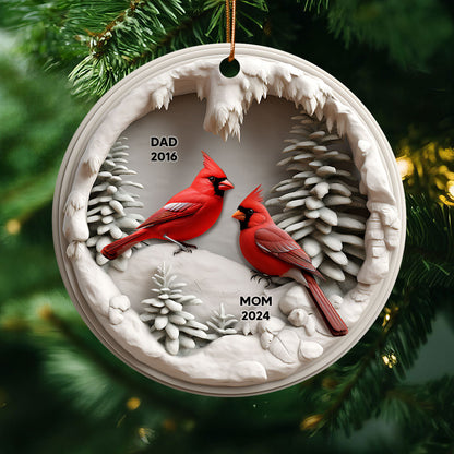 3D Effect Cardinals In Winter Cave Christmas Personalized Acrylic Ornament, Remembrance Gift, Sympathy Gift