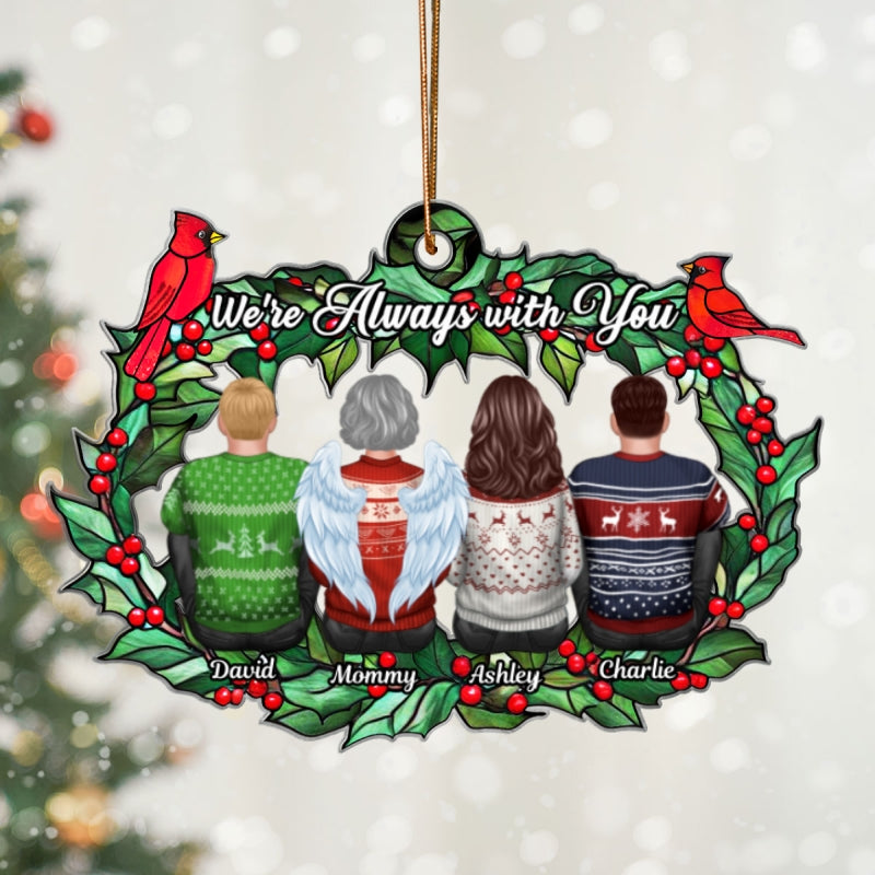 Christmas Family Sitting Back View Holly Branch Memorial Personalized Acrylic Ornament, Remembrance Gift, Sympathy Gift