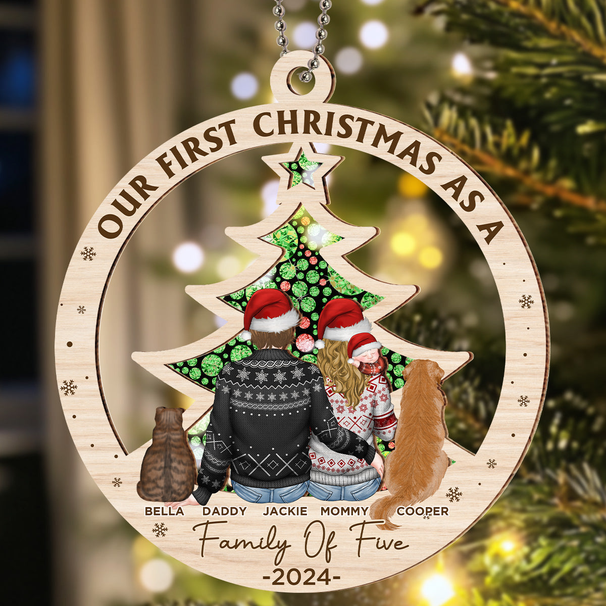 First Christmas As A Family Of Three New Parents - Personalized Custom Suncatcher Ornament