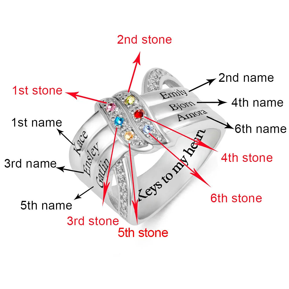Personalised Ribbon Knot Ring with 1-8 Birthstones and Engraved Names Zircon Family Jewellery Mother's Day Birthday Gift for Mom Grandma