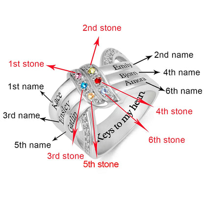 Personalised Ribbon Knot Ring with 1-8 Birthstones and Engraved Names Zircon Family Jewellery Mother's Day Birthday Gift for Mom Grandma