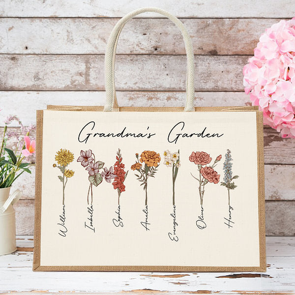 Personalised Large Capacity 1-20 Birth Flowers Garden Jute Tote Bag with Names Birthday Mother's Day Gift for Woman