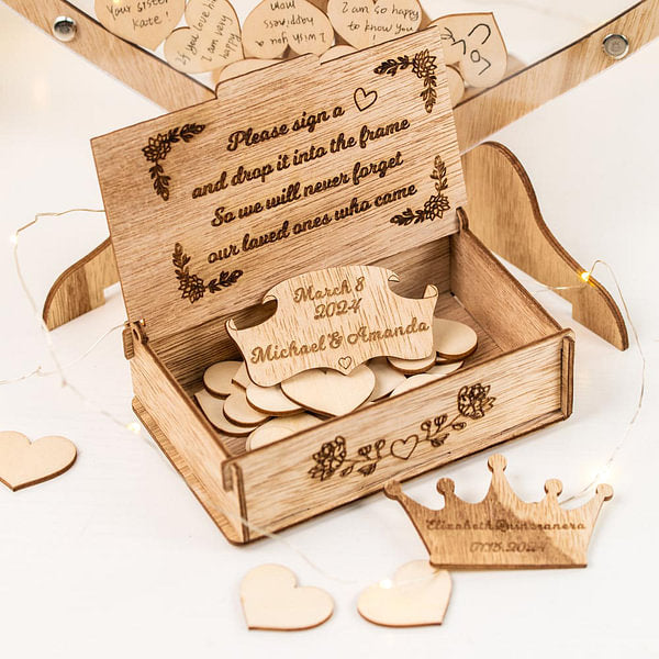 Personalized Wedding Handmade Wooden Guest Book with Hearts and Engraved Box Alternative Wedding Decor