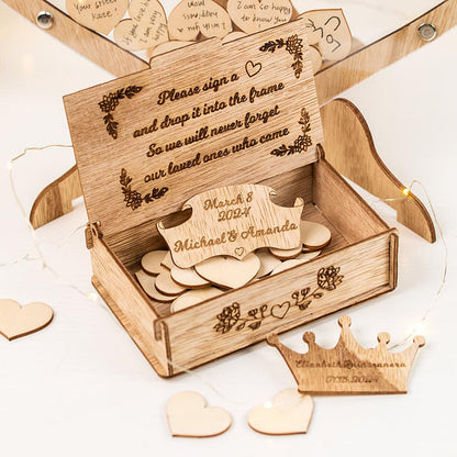 Personalized Wedding Handmade Wooden Guest Book with Hearts and Engraved Box Alternative Wedding Decor