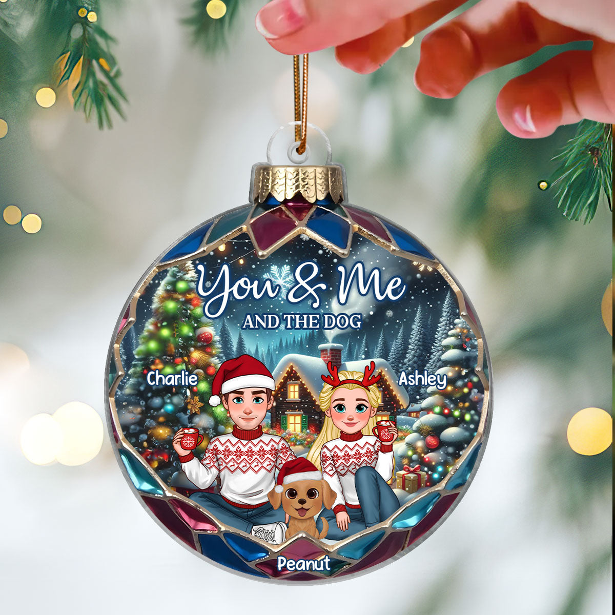 Animated Couple And Dogs Cats Beautiful Christmas Personalized Acrylic Ornament, Christmas Gift For Family