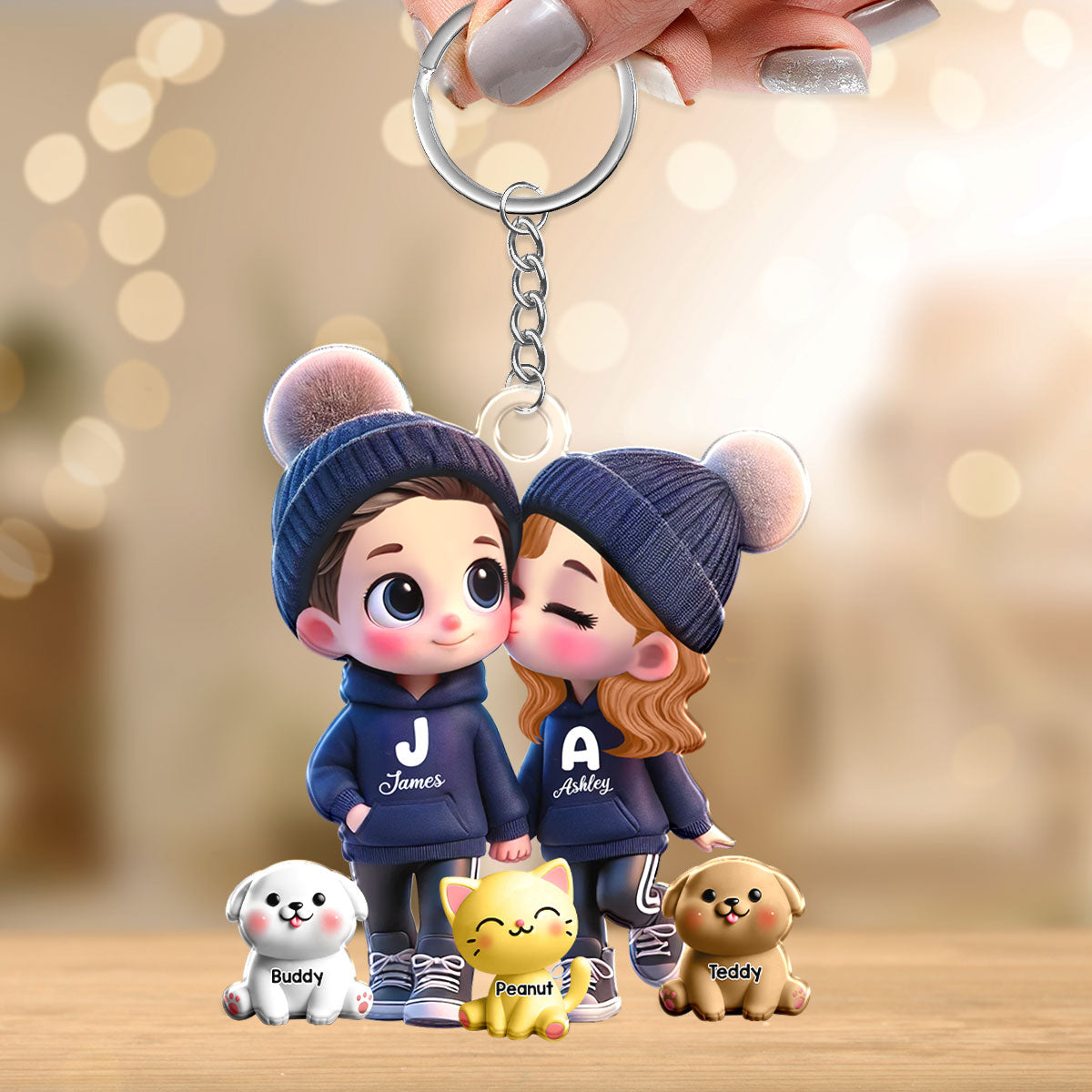 3D Cute Cartoon Couple You Me And The Dog Cat Personalized Acrylic Keychain, Valentine's Day Gift for Him, Gift for Her