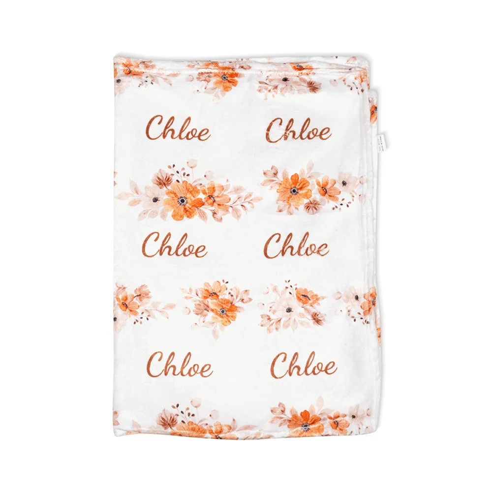 Personalized Cute Peach Floral Name Baby Girl Soft Swaddle Blanket Set with Hat and Headband Baby Shower Coming Home Gift for Newborn