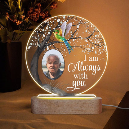Hummingbird Always With You Blossom Tree Family Photo Memorial Personalized Circle Acrylic Plaque LED Lamp Night Light