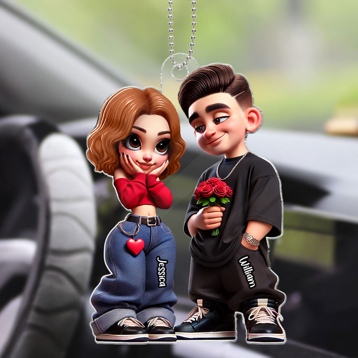 3D Effect Y2K Couple Personalized Acrylic Car Hanger, Valentine's Day Gift For Couple, For Him, For Her